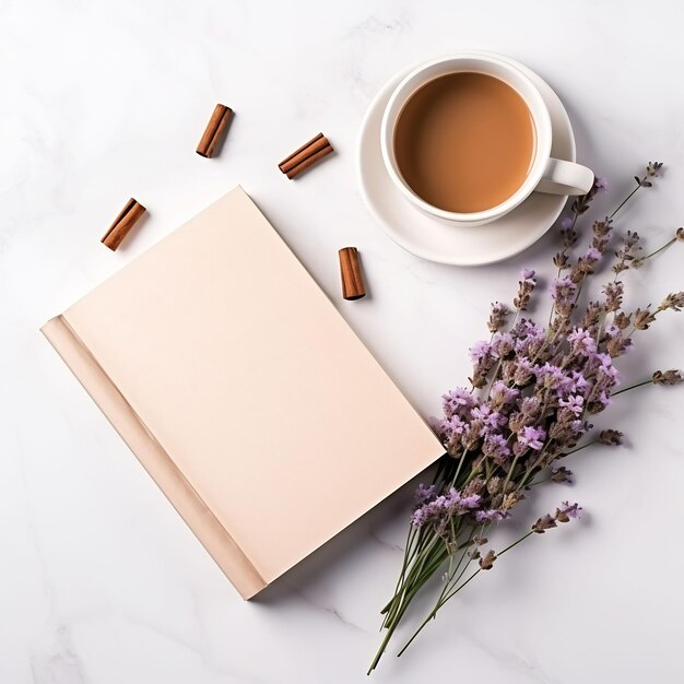 uma chávena de café e um livro com flores