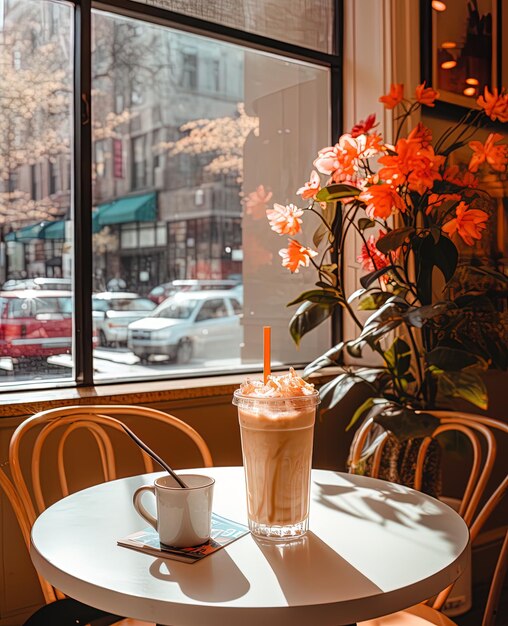 Foto uma chávena de café e um telefone em uma mesa ao lado de uma chácara de café