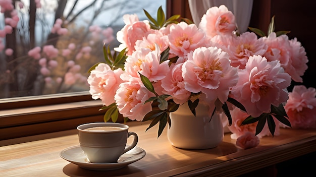 uma chávena de café e um vaso de flores no peitoral da janela