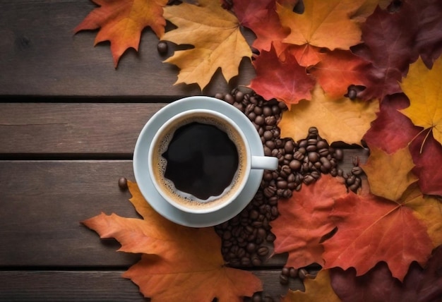 uma chávena de café e uma folha em uma mesa