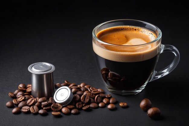 Uma chávena de café expresso em fundo preto com cápsula de café