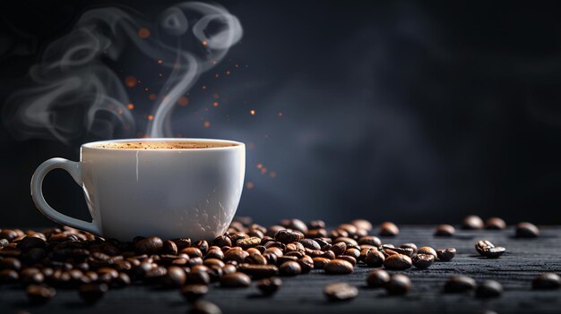 Uma chávena de café fumegante cercada por grãos espalhados gerados por ai