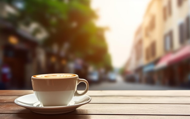 Uma chávena de café fumegante com uma arte latte em forma de coração senta-se em uma mesa de madeira