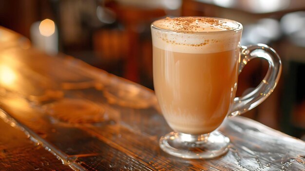 Foto uma chávena de café fumegante está sobre uma mesa de madeira o café é coberto com uma camada de leite espumado e uma pitada de canela