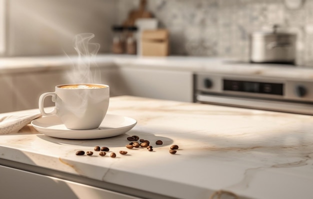 Uma chávena de café fumegante senta-se em um balcão de cozinha iluminado pelo sol com feijões espalhados e uma tigela no fundo evocando uma atmosfera aconchegante da manhã