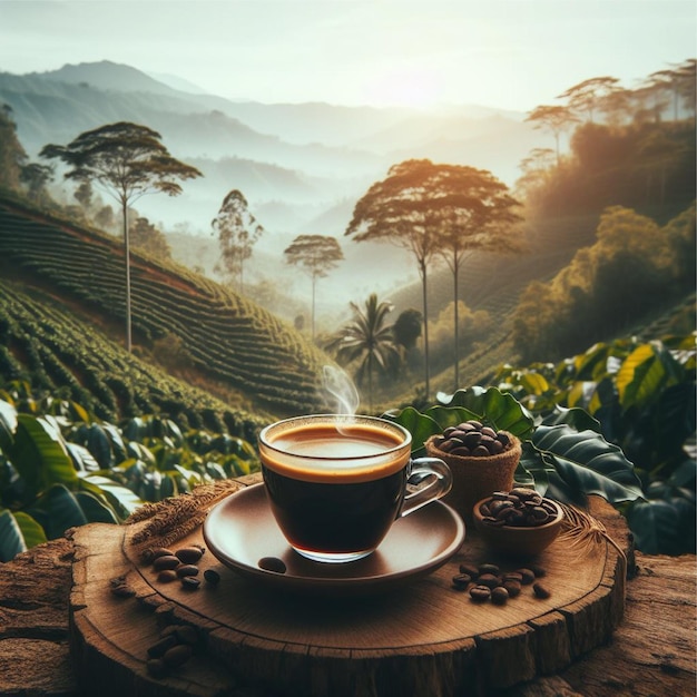 Foto uma chávena de café local com uma plantação de café ao fundo