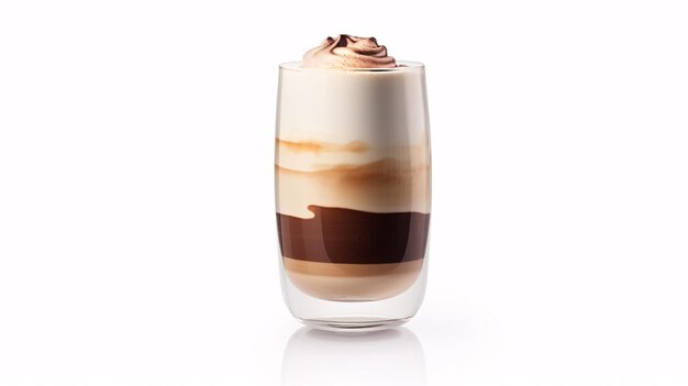 Foto uma chávena de café mocha estratificado de pé sozinho em um cenário branco