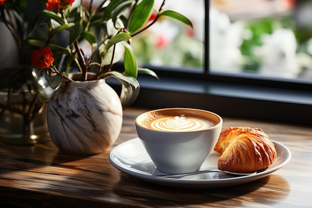 Uma chávena de café na mesa em uma cozinha moderna de estilo minimalista