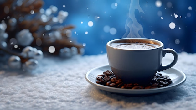 Uma chávena de café na neve branca