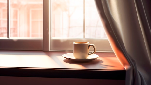 Uma chávena de café no peitoral da janela com cortinas e luz solar