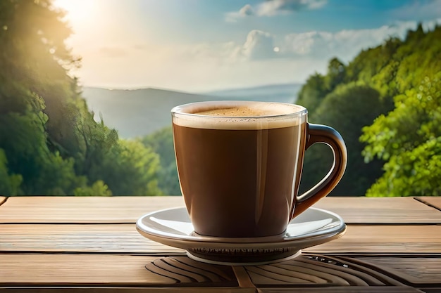 Uma chávena de café numa mesa com o sol a pôr-se atrás dela.