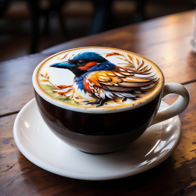 Uma chávena de café numa mesa de madeira. arte latte.