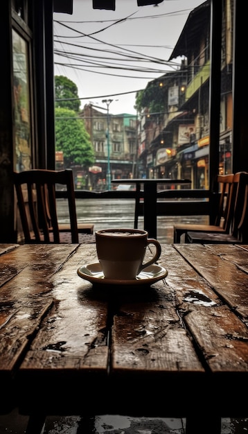 Uma chávena de café numa mesa de madeira