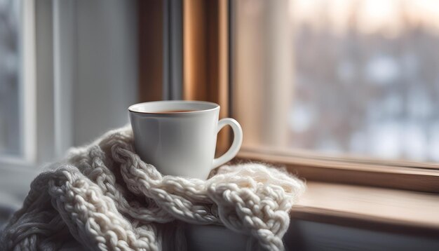 uma chávena de café por uma janela com um suéter enrolado ao redor dela