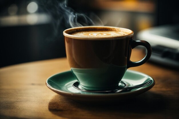 uma chávena de café quente a vapor em um fundo preto