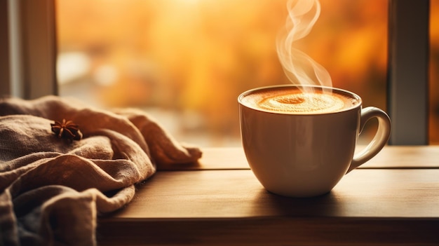 Foto uma chávena de café quente a vapor está em uma mesa de madeira ao lado de um cobertor de tricô aconchegante