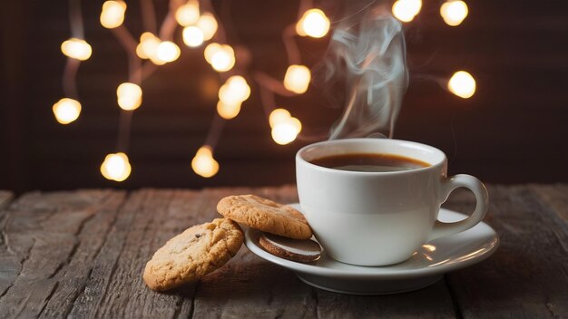 Uma chávena de café quente com biscoitos na mesa debaixo das luzes.