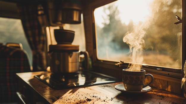 Uma chávena de café quente com vapor em uma mesa de madeira no interior de uma caravana