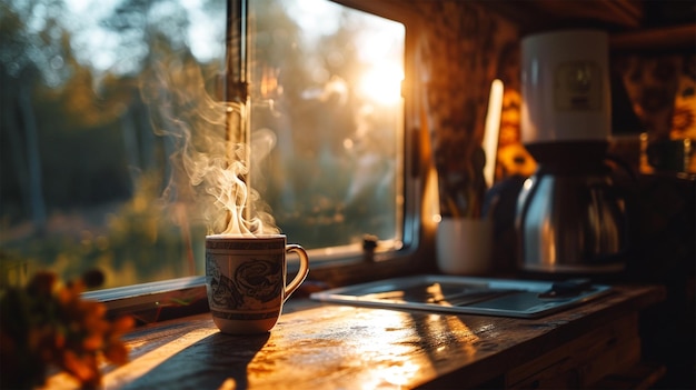 Uma chávena de café quente com vapor em uma mesa de madeira no interior de uma caravana