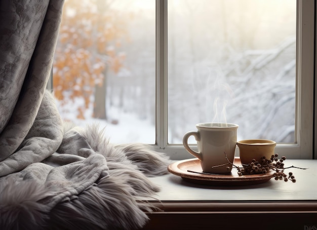Uma chávena de café quente e fumegante está aninhada ao lado de uma lona suave e convidativa no peitoral da janela vintage