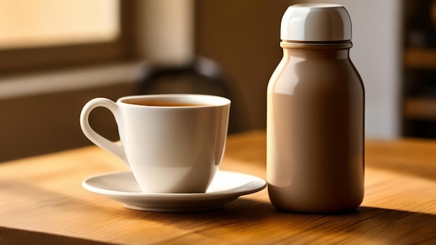 Uma chávena de café quente e uma garrafa de leite prontos para uma manhã perfeita