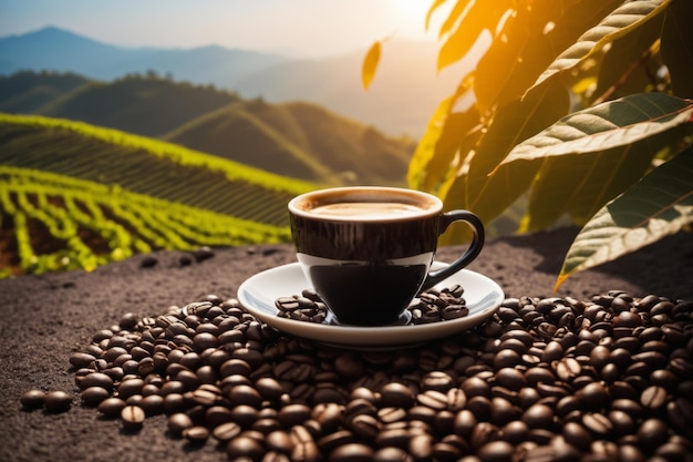 Uma chávena de café quente em uma mesa de madeira vazia com colinas e montanhas ao nascer do sol