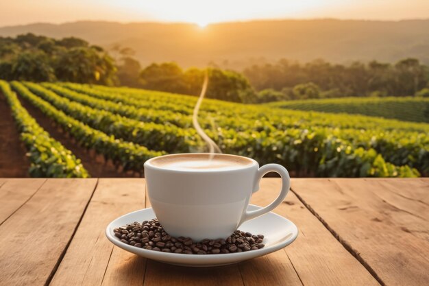 Uma chávena de café quente em uma mesa de madeira vazia com colinas e montanhas ao nascer do sol