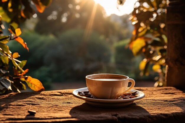 Uma chávena de café quente fresco ao ar livre numa manhã ensolarada