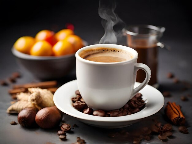 Foto uma chávena de café quente na mesa com alguns grãos de café