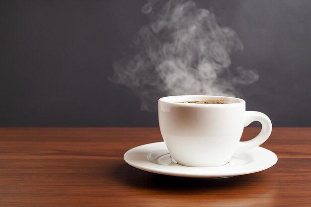 Uma chávena de café quente na mesa em um fundo escuro