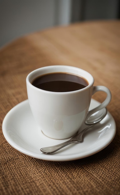 Foto uma chávena de café senta-se em um prato com uma colher