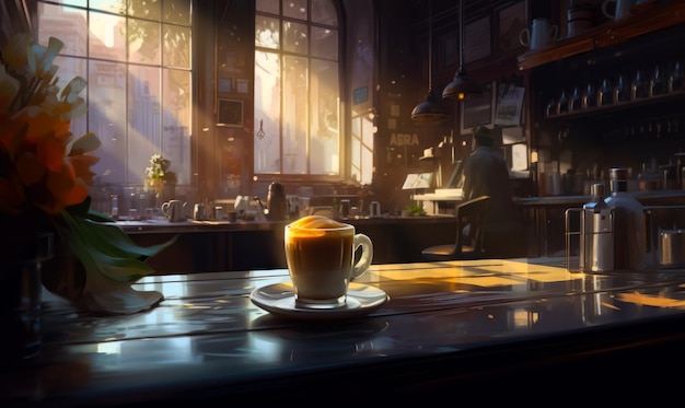 Uma chávena de café senta-se no balcão de uma cafeteria com sol escuro