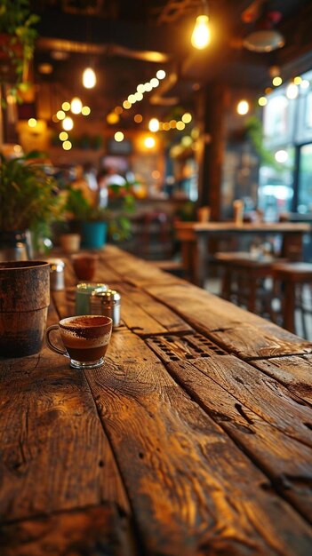 Foto uma chávena de café sentada em cima de uma mesa de madeira