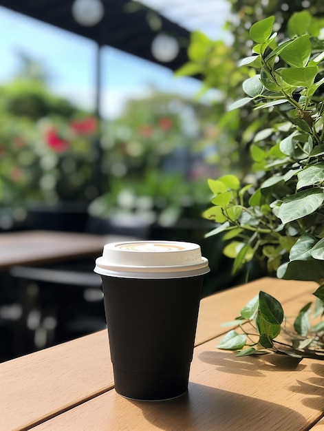 uma chávena de café sentada em uma mesa na frente de uma planta