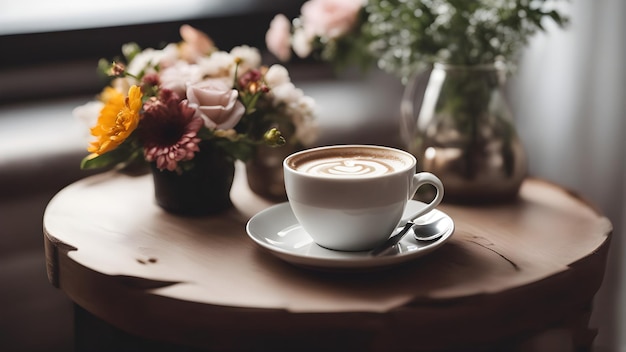 uma chávena de cappuccino com flores em uma mesa