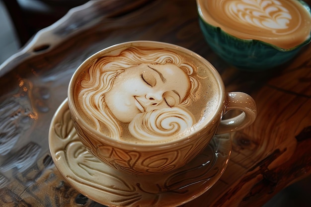 Uma chávena de cappuccino com o rosto de uma mulher desenhado em uma mesa de madeira