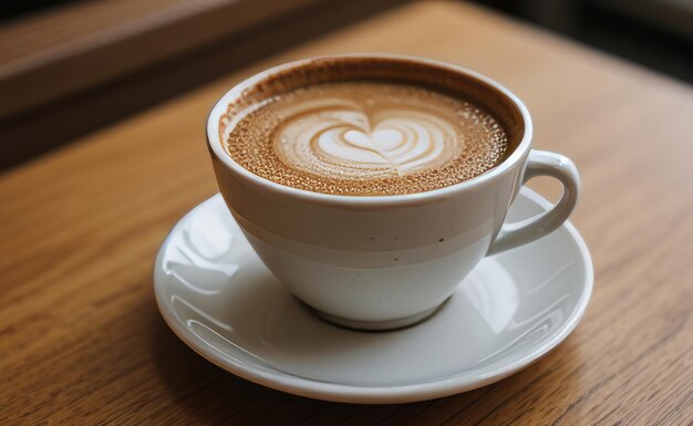 uma chávena de cappuccino com um coração na parte de cima