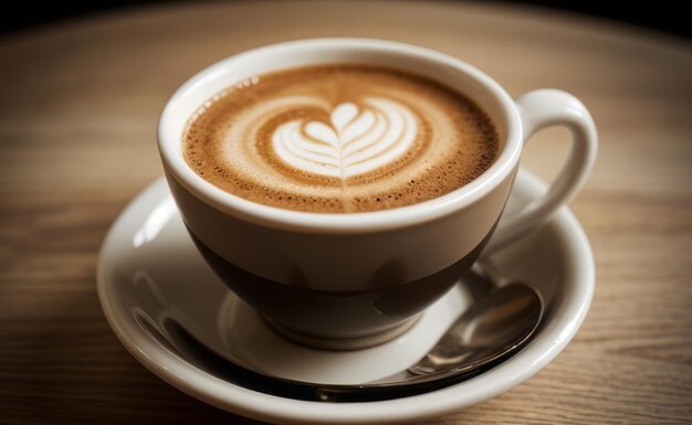 uma chávena de cappuccino com um coração na parte de cima