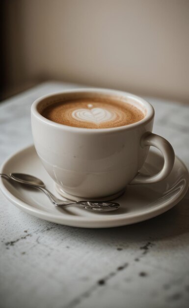 uma chávena de cappuccino com uma colher em um prato