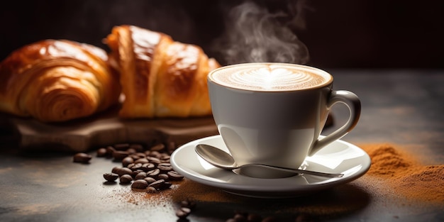 Uma chávena de cappuccino e croissants para o pequeno-almoço