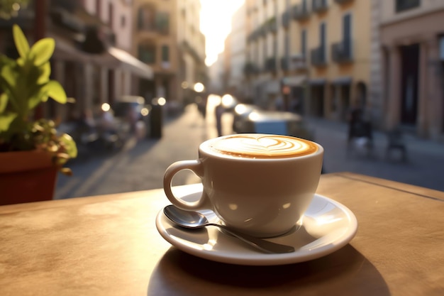 Uma chávena de cappuccino espumoso com um rosto bonito e relaxado