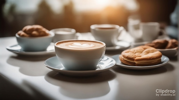 Uma chávena de cappuccino está numa mesa com xícaras de café e bolos.