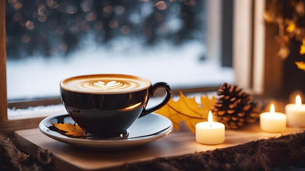 Uma chávena de cappuccino na mesa perto da janela