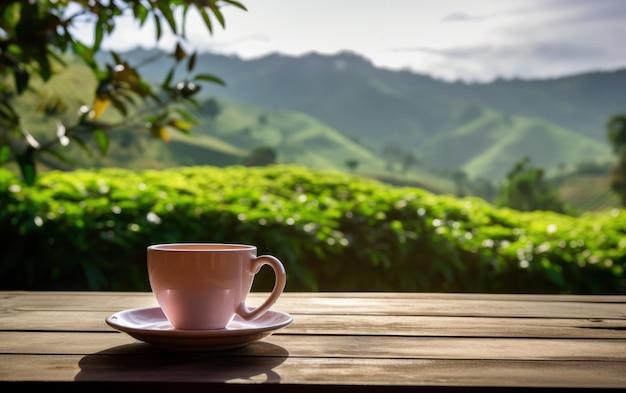 Uma chávena de cerâmica branca de chá em uma mesa de madeira