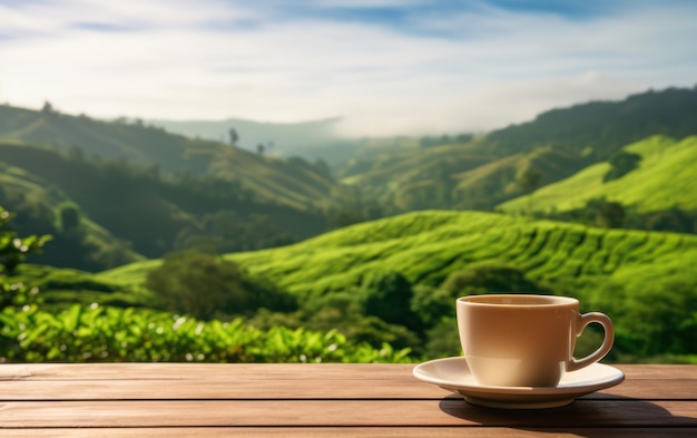 Uma chávena de cerâmica branca de chá em uma mesa de madeira