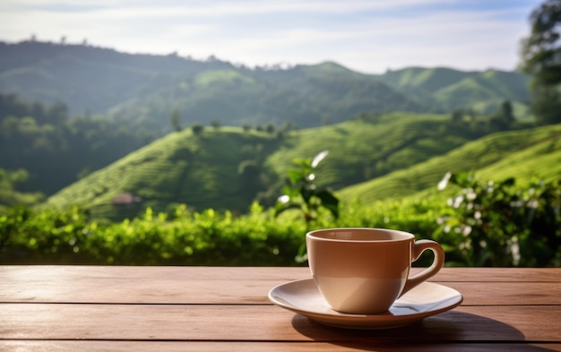 Uma chávena de cerâmica branca de chá em uma mesa de madeira