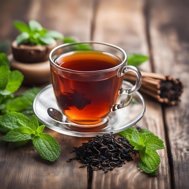 uma chávena de chá com folhas de hortelã e folhas de chá em uma mesa de madeira