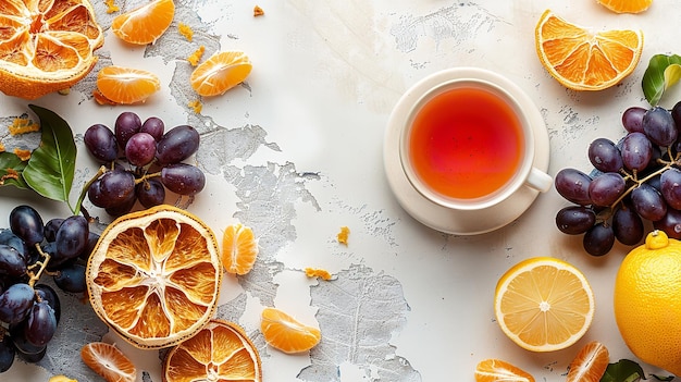 uma chávena de chá com laranjas e uvas em uma mesa