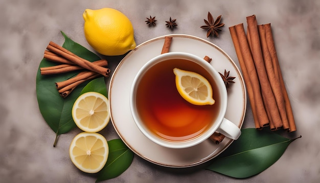 uma chávena de chá com limões e canela em uma mesa