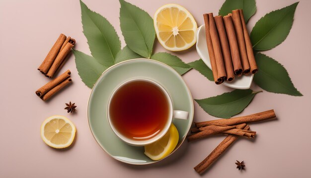 uma chávena de chá com pauzinhos de canela e pauzinho de canela em um prato